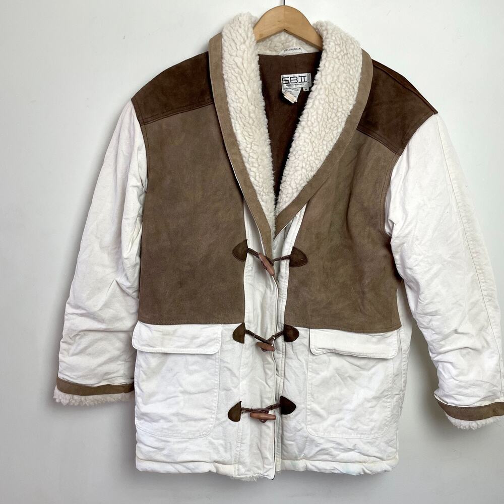 Vintage 90s Western Workwear Barn Coat Medium Cotton Canvas‎ Suede Sherpa Trim